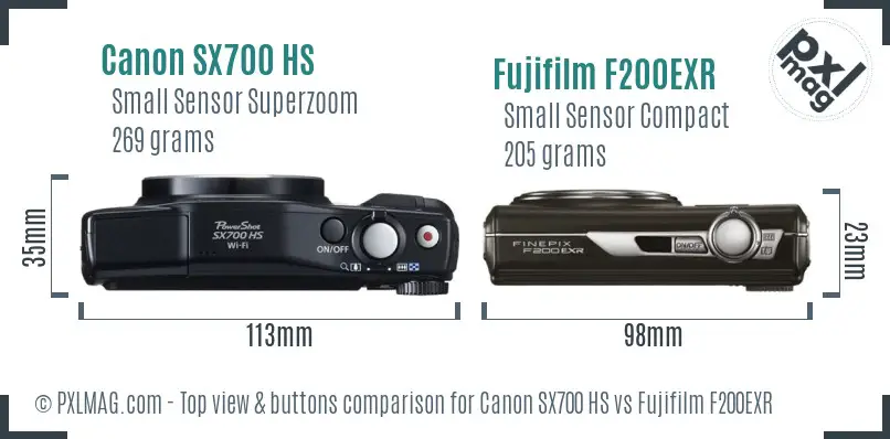 Canon SX700 HS vs Fujifilm F200EXR top view buttons comparison Canon SX700 HS vs Fujifilm F200EXR top view buttons comparison