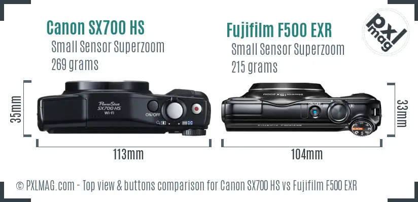Canon SX700 HS vs Fujifilm F500 EXR top view buttons comparison