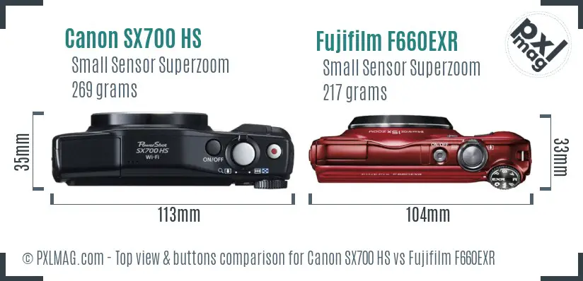 Canon SX700 HS vs Fujifilm F660EXR top view buttons comparison Canon SX700 HS vs Fujifilm F660EXR top view buttons comparison