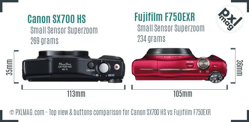 Canon SX700 HS vs Fujifilm F750EXR top view buttons comparison