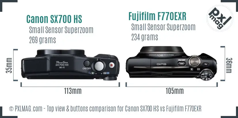 Canon SX700 HS vs Fujifilm F770EXR top view buttons comparison