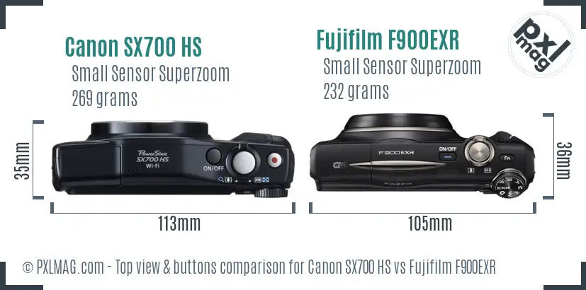 Canon SX700 HS vs Fujifilm F900EXR top view buttons comparison Canon SX700 HS vs Fujifilm F900EXR top view buttons comparison