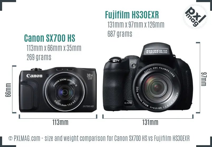 Canon SX700 HS vs Fujifilm HS30EXR size comparison