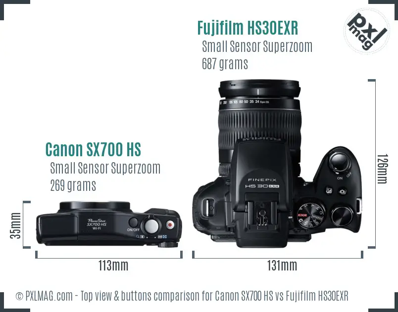 Canon SX700 HS vs Fujifilm HS30EXR top view buttons comparison