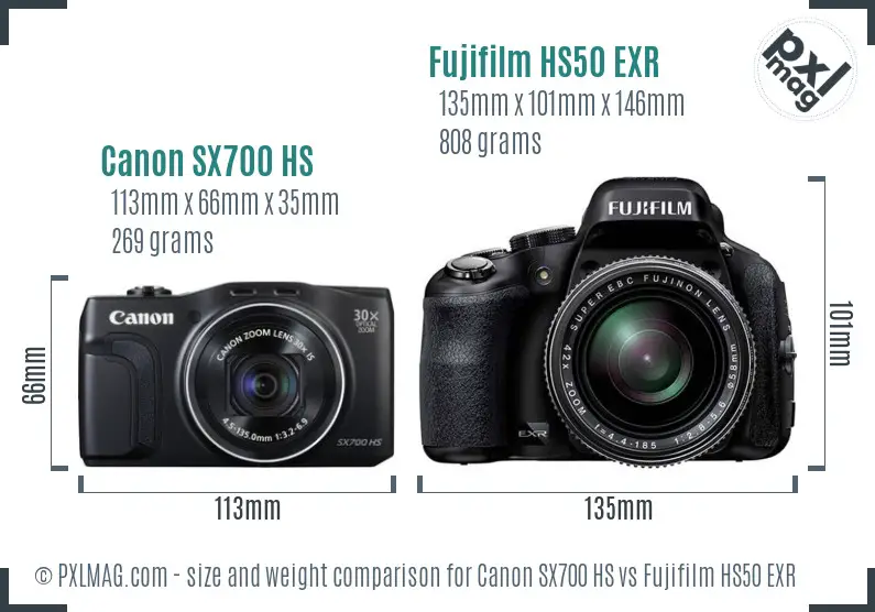 Canon SX700 HS vs Fujifilm HS50 EXR size comparison