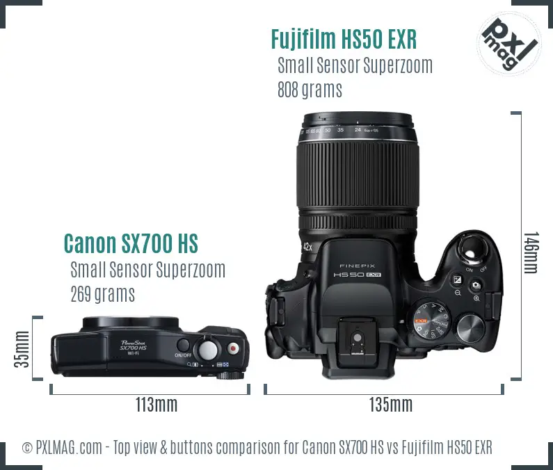 Canon SX700 HS vs Fujifilm HS50 EXR top view buttons comparison