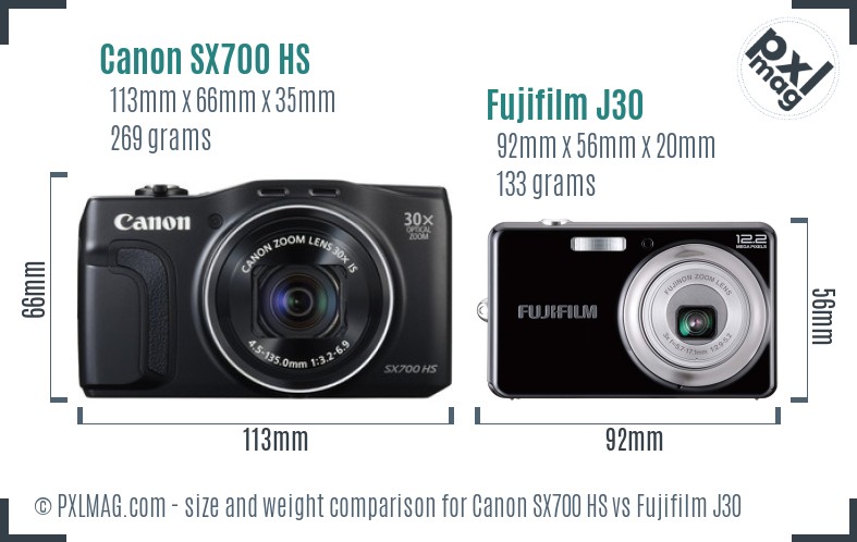 Canon SX700 HS vs Fujifilm J30 size comparison