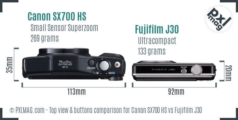 Canon SX700 HS vs Fujifilm J30 top view buttons comparison
