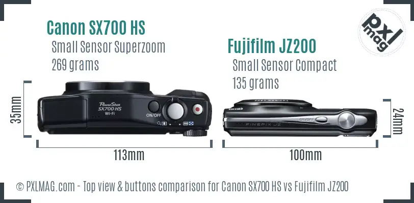 Canon SX700 HS vs Fujifilm JZ200 top view buttons comparison Canon SX700 HS vs Fujifilm JZ200 top view buttons comparison