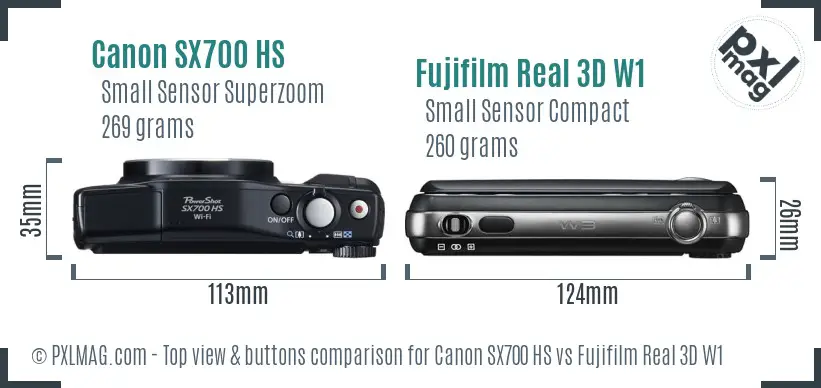 Canon SX700 HS vs Fujifilm Real 3D W1 top view buttons comparison