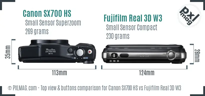 Canon SX700 HS vs Fujifilm Real 3D W3 top view buttons comparison Canon SX700 HS vs Fujifilm Real 3D W3 top view buttons comparison