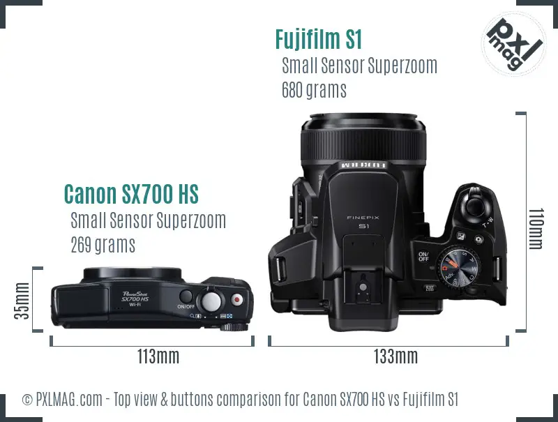 Canon SX700 HS vs Fujifilm S1 top view buttons comparison Canon SX700 HS vs Fujifilm S1 top view buttons comparison