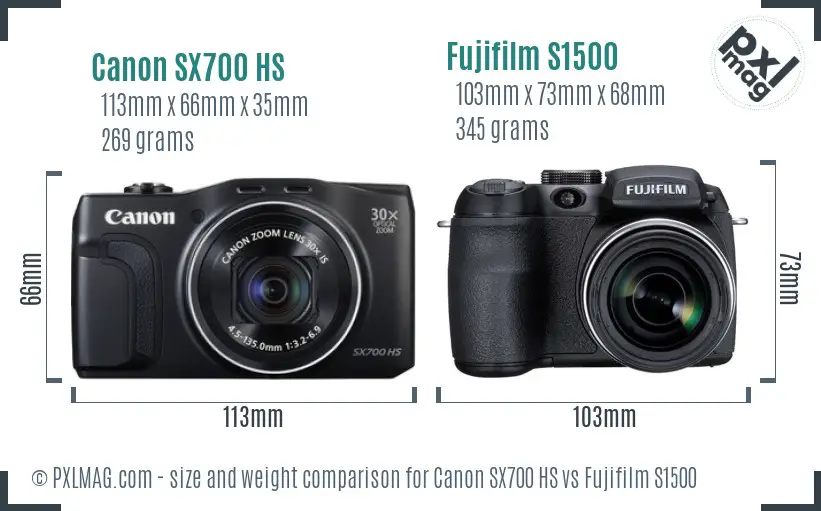 Canon SX700 HS vs Fujifilm S1500 size comparison