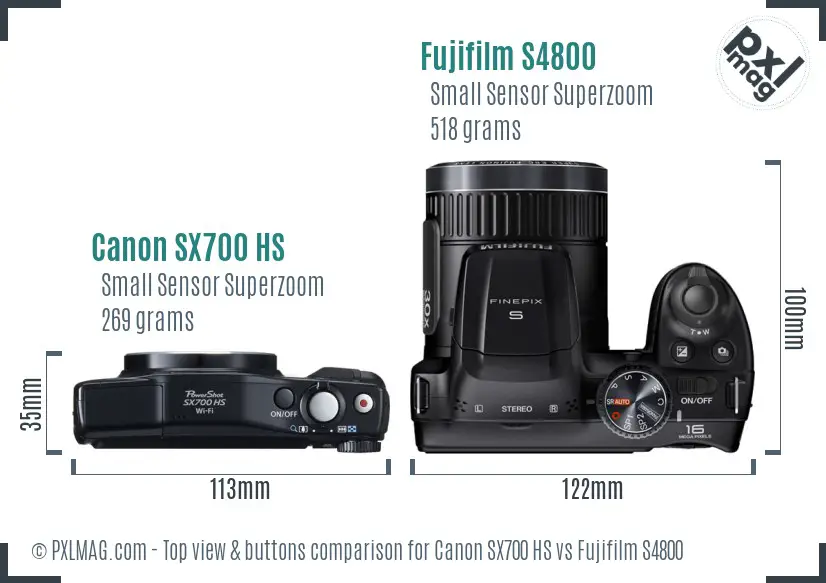 Canon SX700 HS vs Fujifilm S4800 top view buttons comparison Canon SX700 HS vs Fujifilm S4800 top view buttons comparison