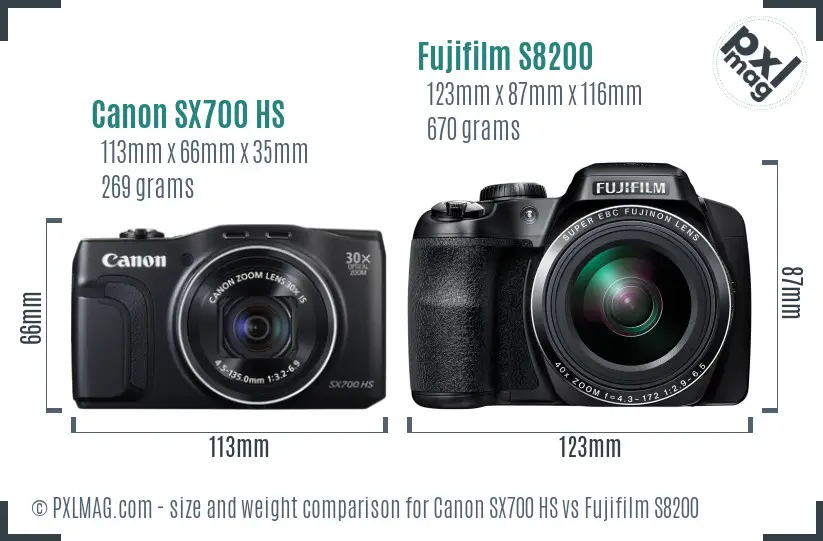 Canon SX700 HS vs Fujifilm S8200 size comparison