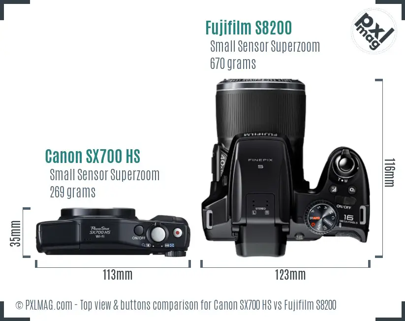 Canon SX700 HS vs Fujifilm S8200 top view buttons comparison