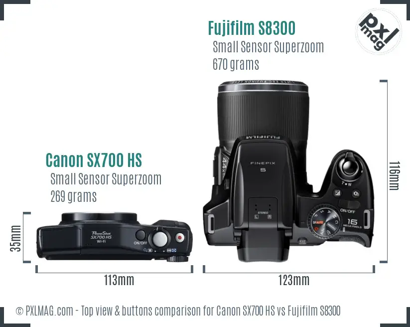 Canon SX700 HS vs Fujifilm S8300 top view buttons comparison Canon SX700 HS vs Fujifilm S8300 top view buttons comparison
