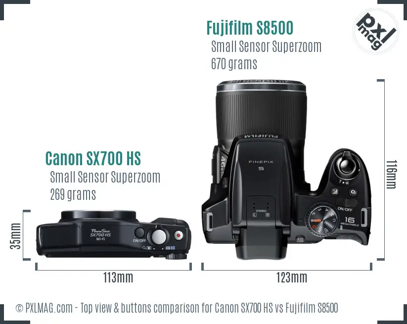 Canon SX700 HS vs Fujifilm S8500 top view buttons comparison