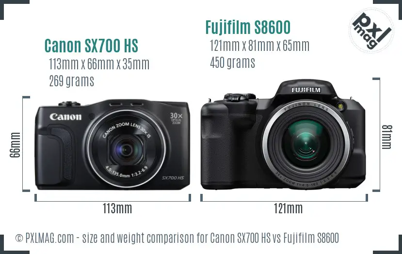 Canon SX700 HS vs Fujifilm S8600 size comparison