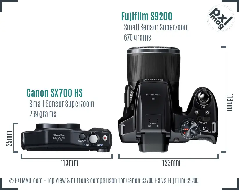Canon SX700 HS vs Fujifilm S9200 top view buttons comparison Canon SX700 HS vs Fujifilm S9200 top view buttons comparison