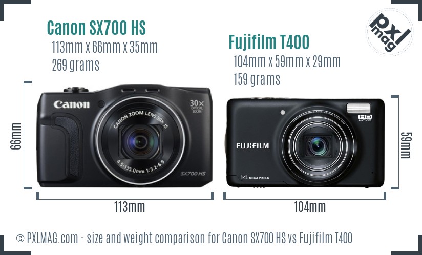 Canon SX700 HS vs Fujifilm T400 size comparison
