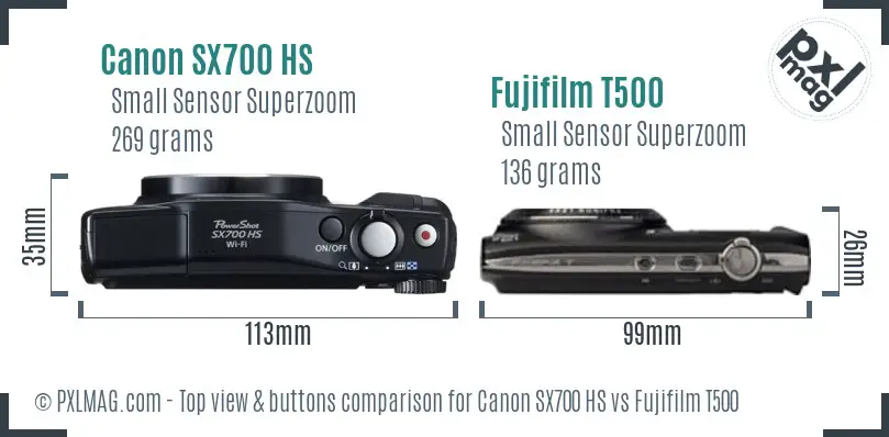 Canon SX700 HS vs Fujifilm T500 top view buttons comparison Canon SX700 HS vs Fujifilm T500 top view buttons comparison