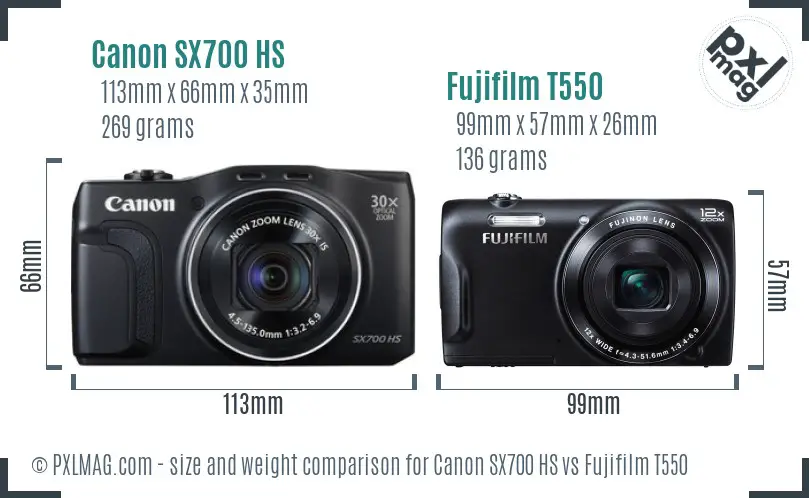 Canon SX700 HS vs Fujifilm T550 size comparison