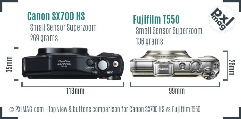 Canon SX700 HS vs Fujifilm T550 top view buttons comparison
