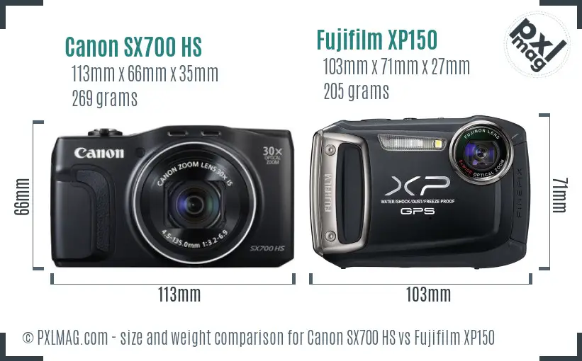 Canon SX700 HS vs Fujifilm XP150 size comparison