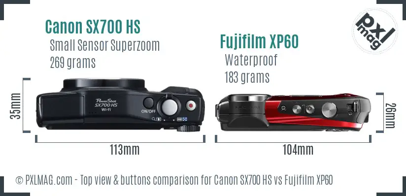 Canon SX700 HS vs Fujifilm XP60 top view buttons comparison Canon SX700 HS vs Fujifilm XP60 top view buttons comparison