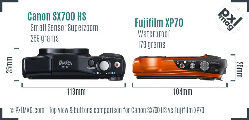 Canon SX700 HS vs Fujifilm XP70 top view buttons comparison