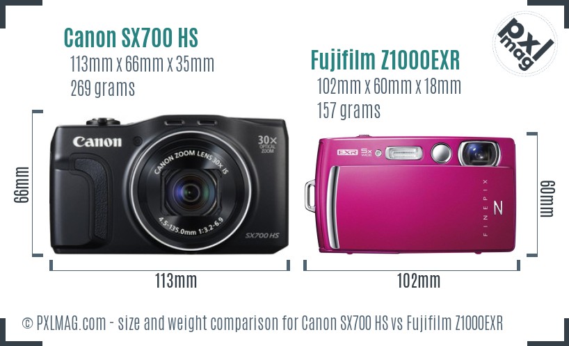 Canon SX700 HS vs Fujifilm Z1000EXR size comparison