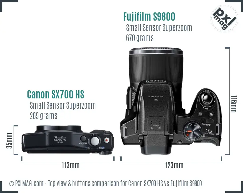 Canon SX700 HS vs Fujifilm S9800 top view buttons comparison