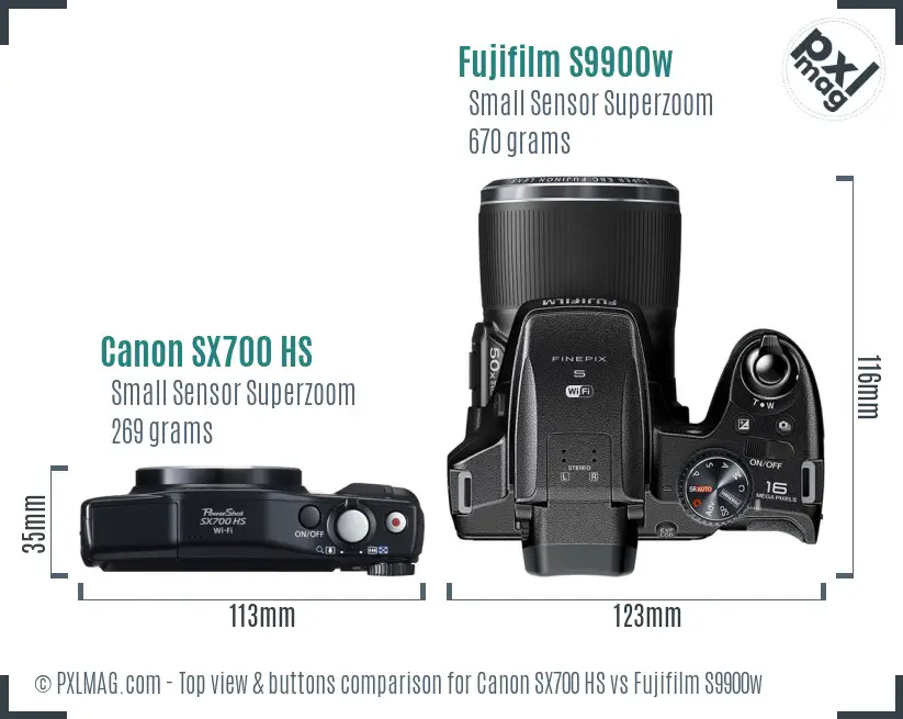 Canon SX700 HS vs Fujifilm S9900w top view buttons comparison
