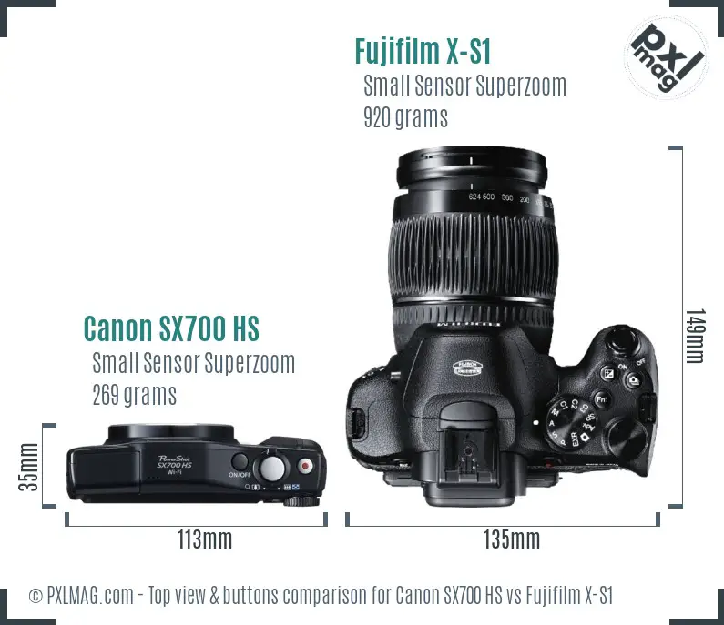 Canon SX700 HS vs Fujifilm X-S1 top view buttons comparison Canon SX700 HS vs Fujifilm X-S1 top view buttons comparison