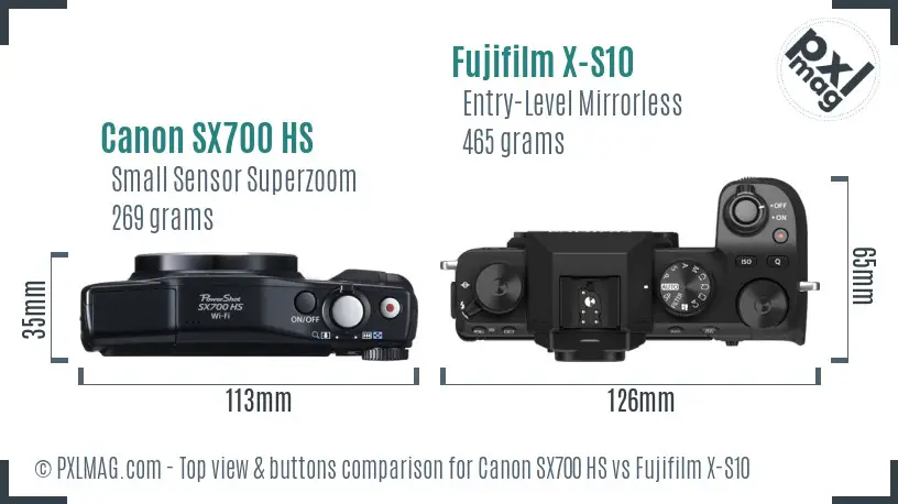 Canon SX700 HS vs Fujifilm X-S10 top view buttons comparison