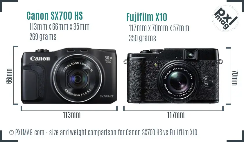 Canon SX700 HS vs Fujifilm X10 size comparison