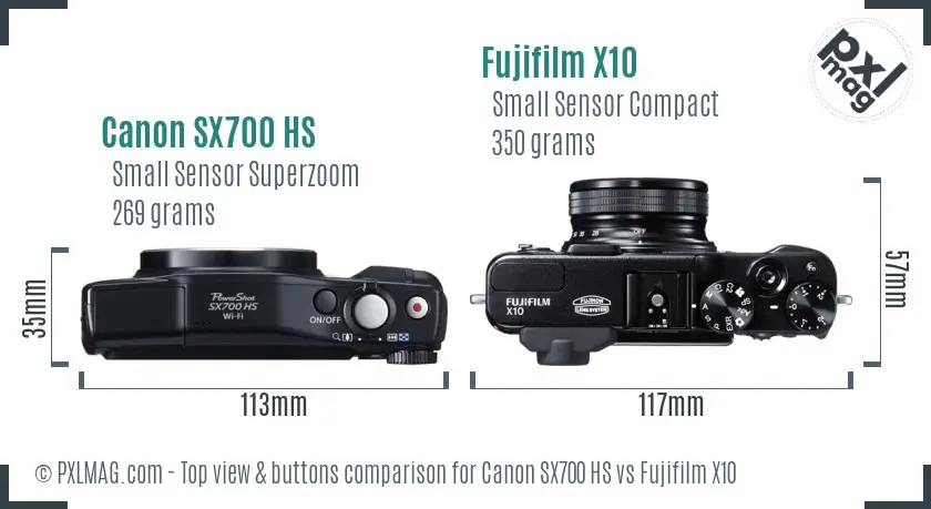Canon SX700 HS vs Fujifilm X10 top view buttons comparison
