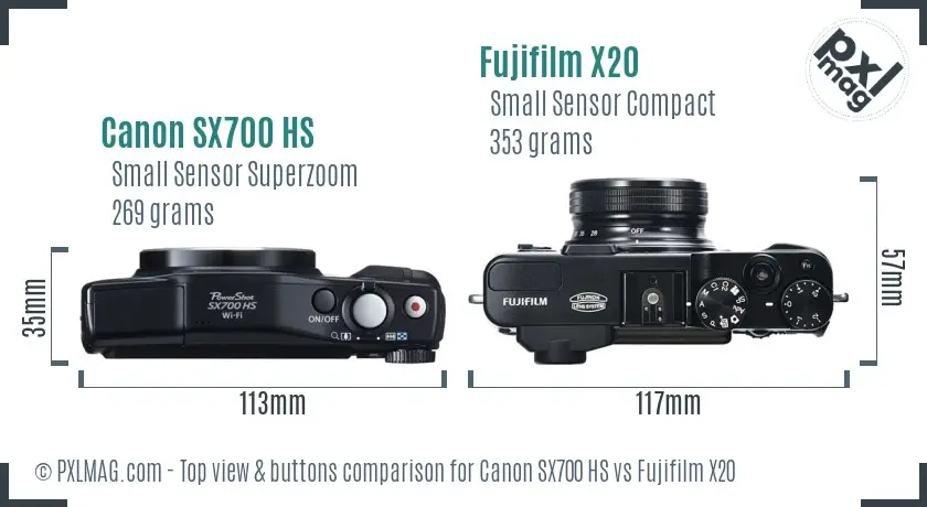 Canon SX700 HS vs Fujifilm X20 top view buttons comparison Canon SX700 HS vs Fujifilm X20 top view buttons comparison