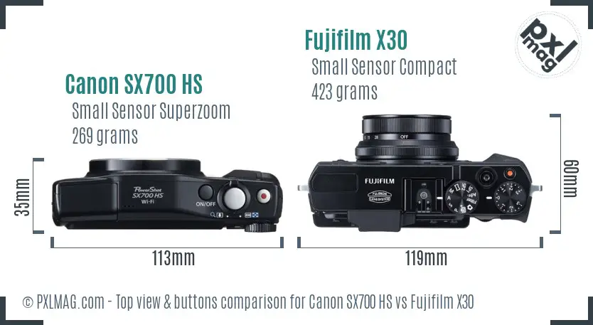 Canon SX700 HS vs Fujifilm X30 top view buttons comparison Canon SX700 HS vs Fujifilm X30 top view buttons comparison