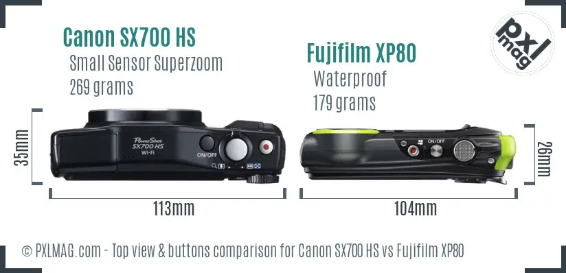 Canon SX700 HS vs Fujifilm XP80 top view buttons comparison Canon SX700 HS vs Fujifilm XP80 top view buttons comparison