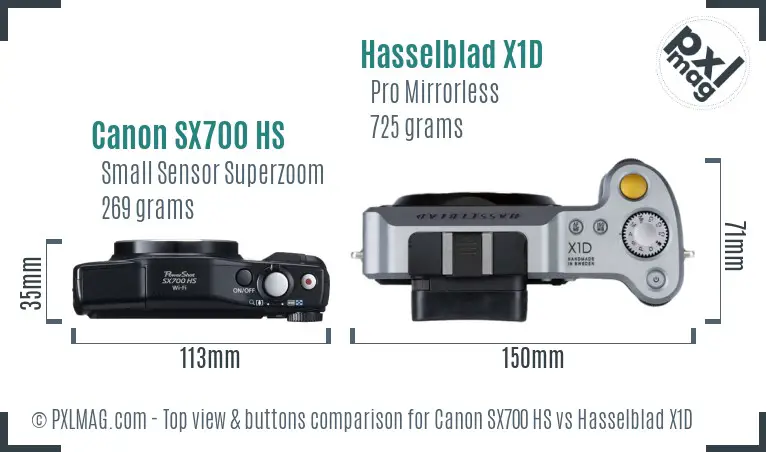 Canon SX700 HS vs Hasselblad X1D top view buttons comparison