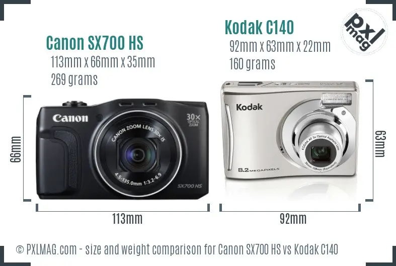 Canon SX700 HS vs Kodak C140 size comparison