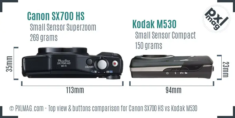 Canon SX700 HS vs Kodak M530 top view buttons comparison Canon SX700 HS vs Kodak M530 top view buttons comparison