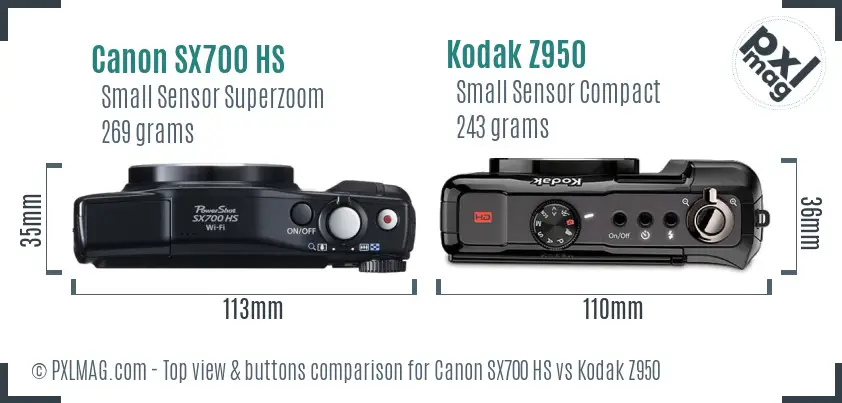 Canon SX700 HS vs Kodak Z950 top view buttons comparison