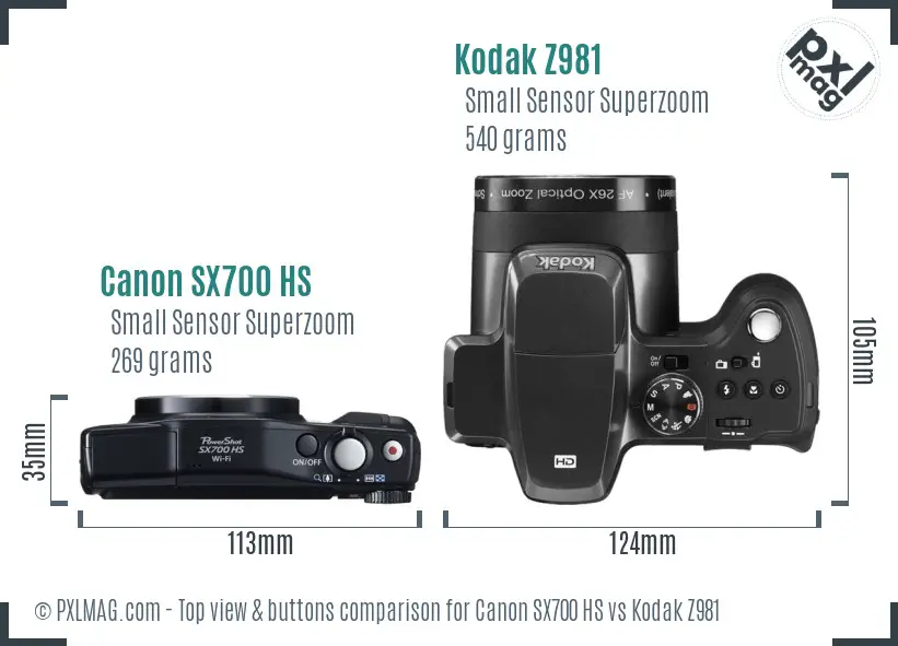 Canon SX700 HS vs Kodak Z981 top view buttons comparison