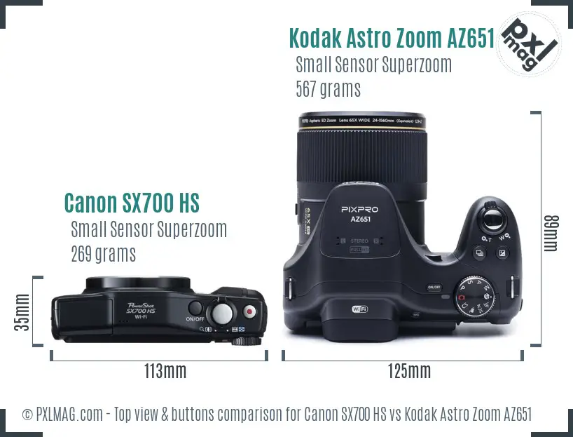Canon SX700 HS vs Kodak Astro Zoom AZ651 top view buttons comparison Canon SX700 HS vs Kodak Astro Zoom AZ651 top view buttons comparison
