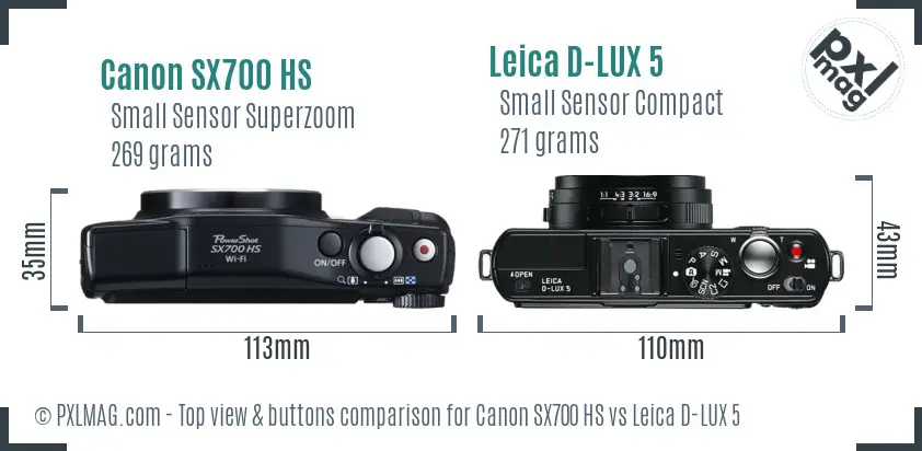 Canon SX700 HS vs Leica D-LUX 5 top view buttons comparison