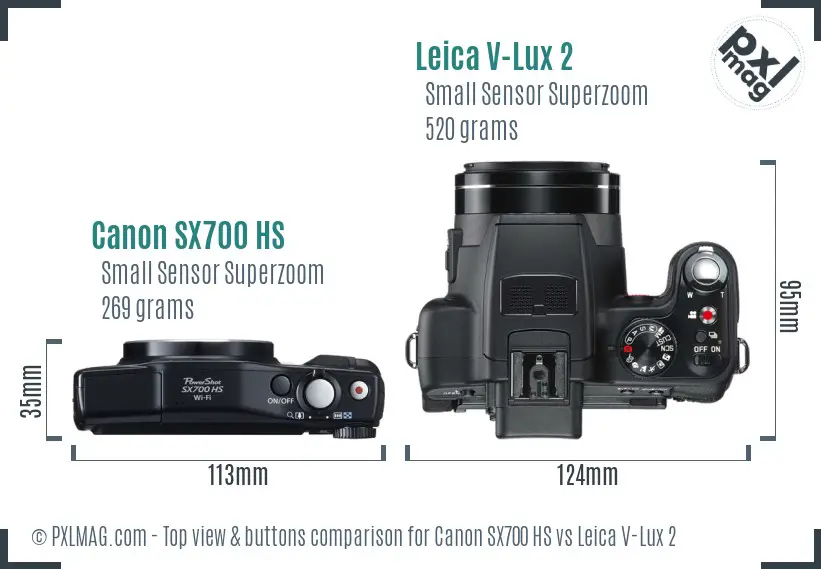 Canon SX700 HS vs Leica V-Lux 2 top view buttons comparison Canon SX700 HS vs Leica V-Lux 2 top view buttons comparison