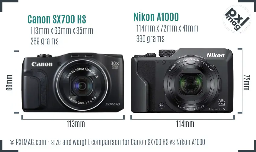 Canon SX700 HS vs Nikon A1000 size comparison